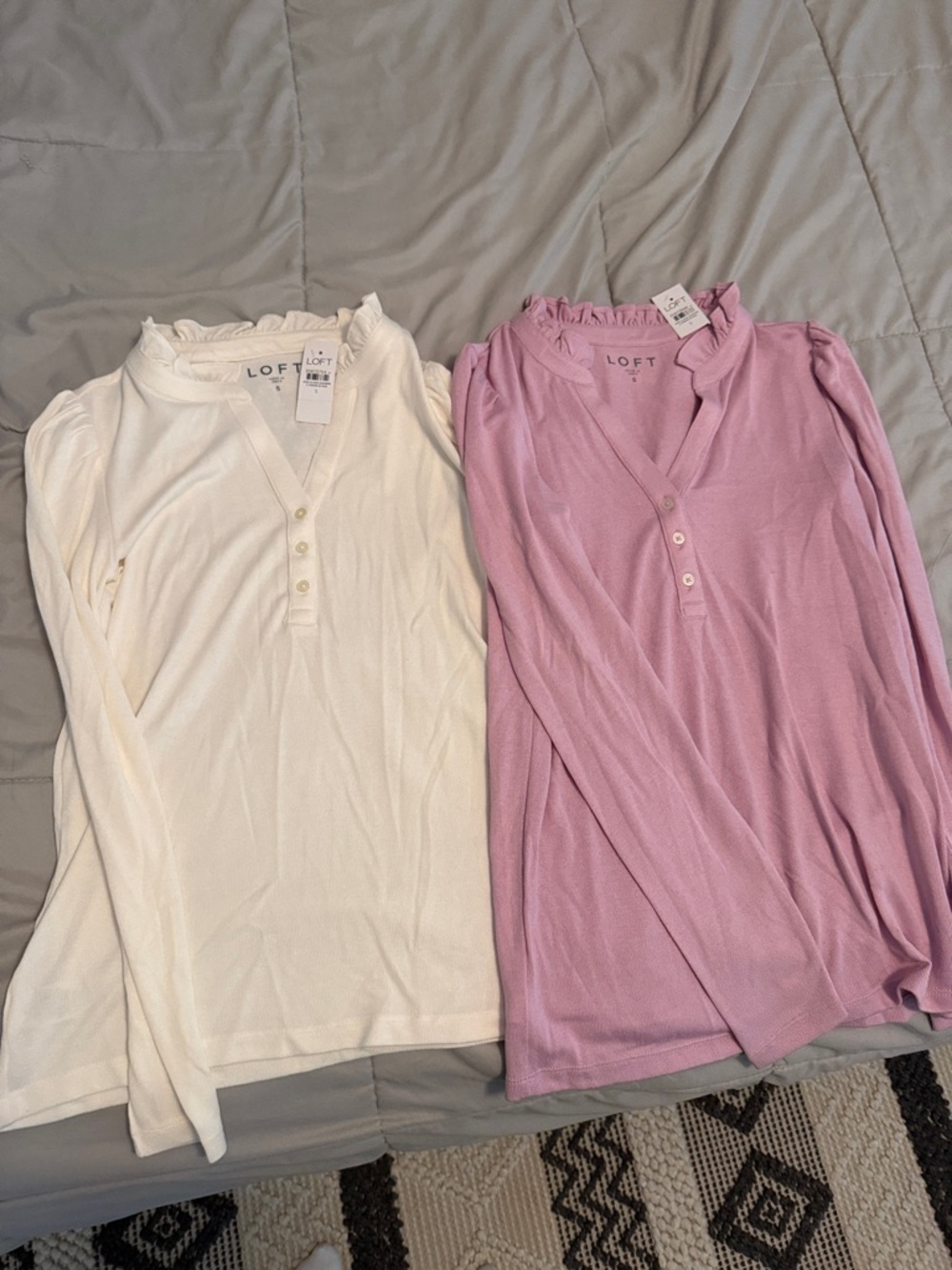 New with tags! LOFT Long Sleeve Ruffle Henley Top - White & Light Purple